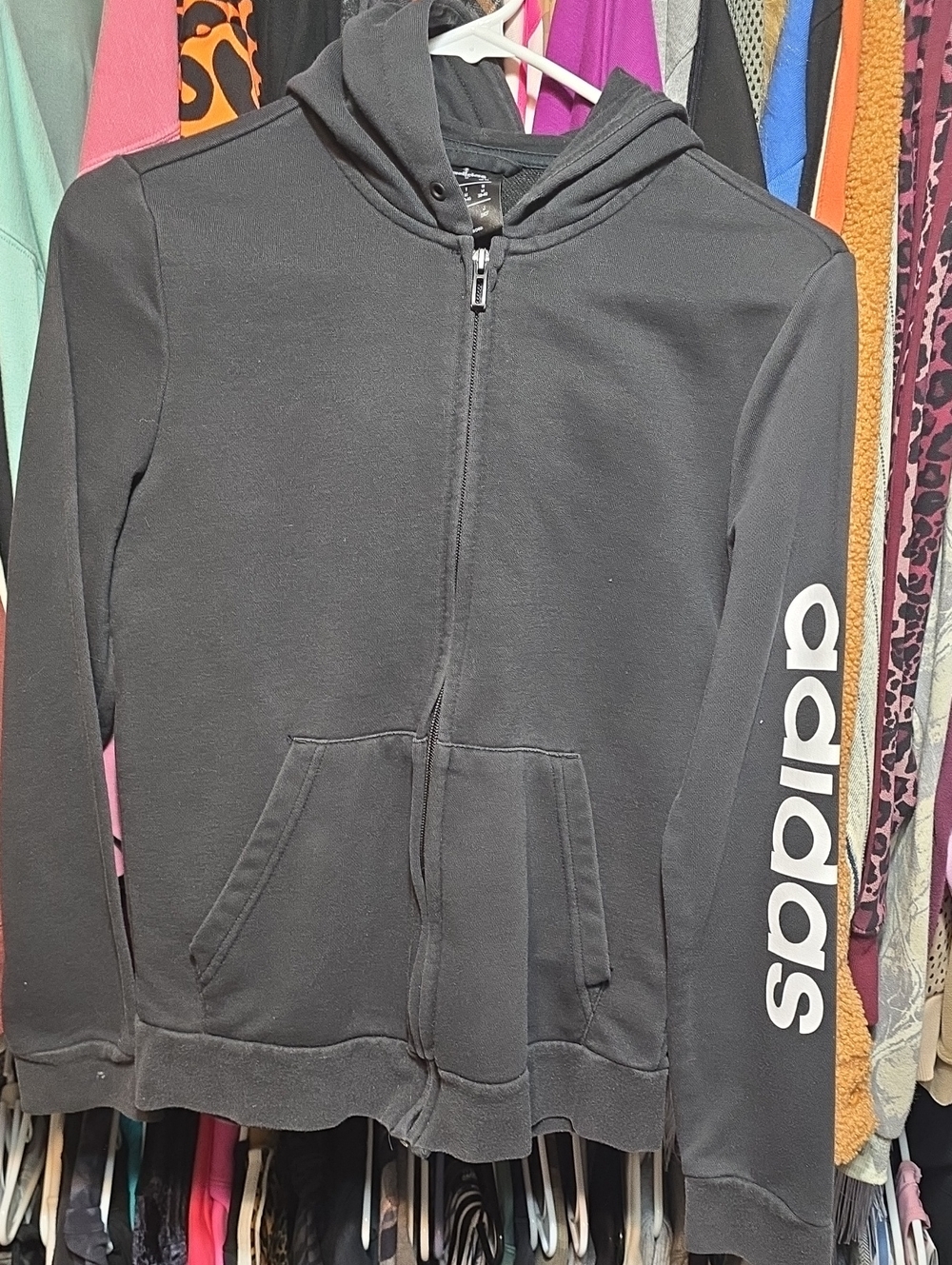 adidas Black Zip-Up Hoodie with Sleeve Logo Like New Medium